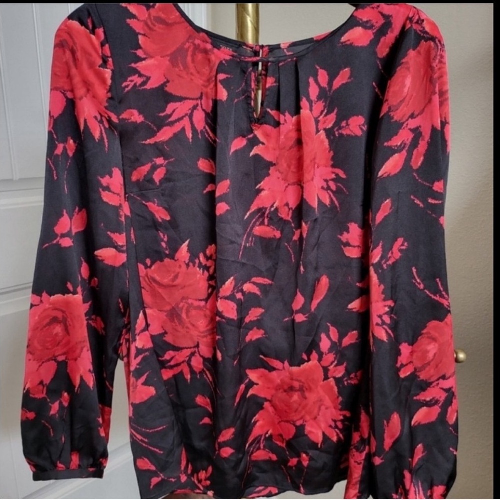 Talbots Red and Black Floral Blouse Size Small